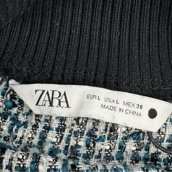 Zara Tweed Fringe Hem Mock Neck Shirt Teal White Large Crop - Picture 10 of 12